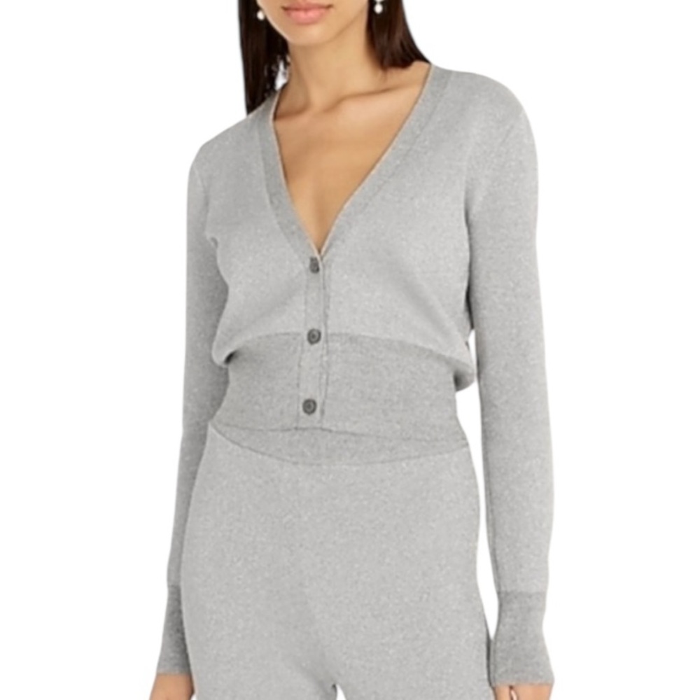 J. Crew Metallic Silver Merino Wool Blend Cropped Knit Cardigan - M